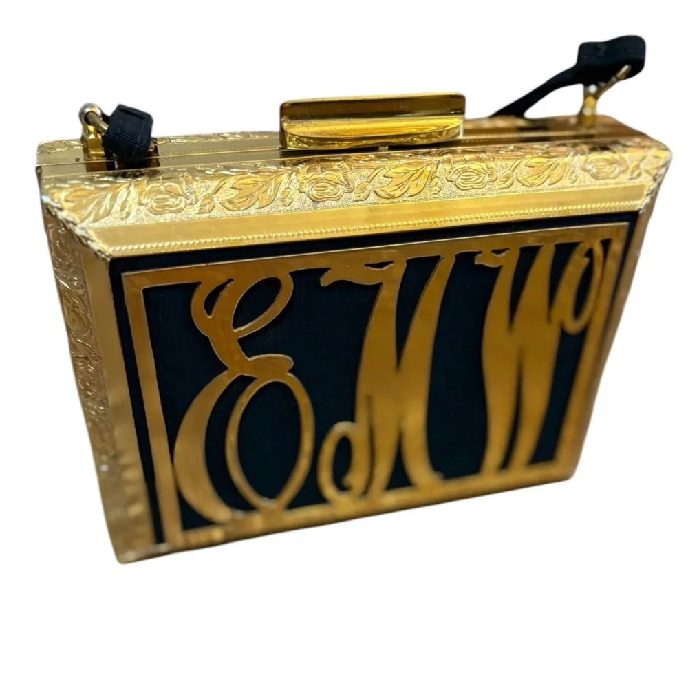 Tyorlean Vintage RARE Gold Box Purse Black and Gold Monogram Clutch